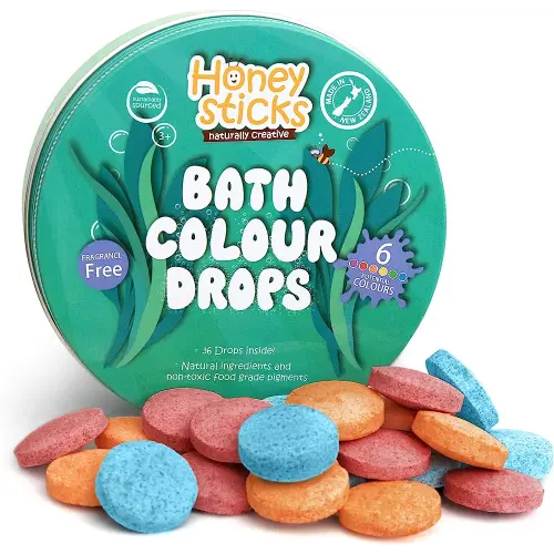 Honeysticks Bath Color Tablets for Kids - Non Toxic Bathtub Drops Made with Natural Ingredients and Food Grade Color - Fragrance Free - Fizzy, Brightly Colored Bathtime Fun, Great Gift - 36 Drops