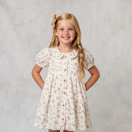 Organic Puff Sleeve Collar Dress - English Roses