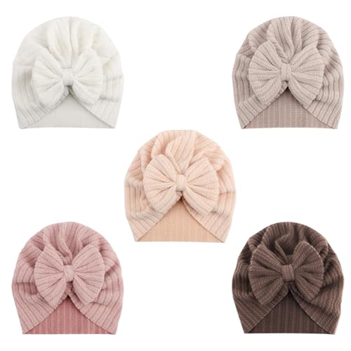 DRESHOW BQUBO 5 Pieces Newborn Baby Turban Hats Bow Baby Infant Beanie Breathable Toddler Cap for Baby Girls