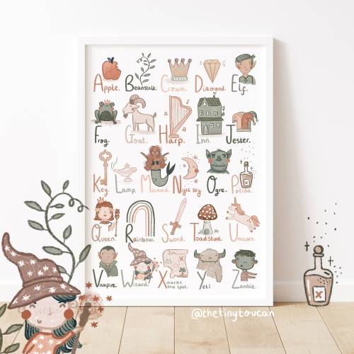Magical Fairytale ABC Print- Magic Alphabet- Nursery Wall Art- Muted Earth Tones Colours- Fantasy- DnD art