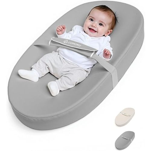COMOMY Baby Changing Pad with Wipeable & Waterproof PU Cover, Contoured Diaper Changing Pad for Dresser with Non-Slip Safety Belt, Portable and Lightweight, Large Cushioned Foam, Light Grey