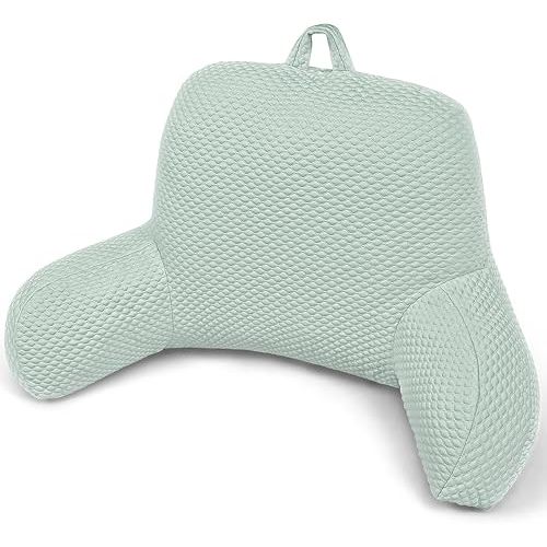 Reading Pillow, Ice Silk Bean Back Support Pillow for Bed Sitting Up, Large Bed Rest Pillow with Arms for Adults,Back Support Pillow for Couch and Chair, Green