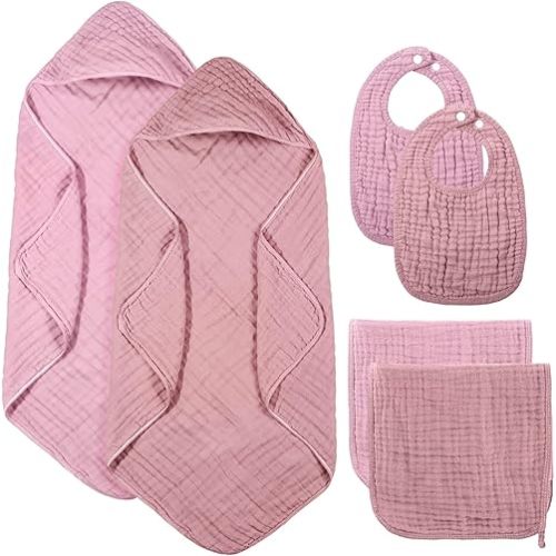 6 Pcs Baby Hooded Towels Washcloths and Bibs Set Muslin Cotton Soft Absorbent Baby Bath Towels for Boys Girls Newborn Infant Essentials(Pink,Rose)