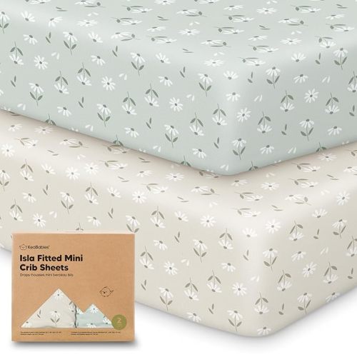 Pack and Play Sheets Fitted - 2-Pack Mini Crib Sheets for Pack N Play Mattress 38x26, Soft & Cozy, Neutral Toddler Playard Bedding, Snug Fitted Mini Baby Crib Mattress Cover Boy, Girl (Daisies)