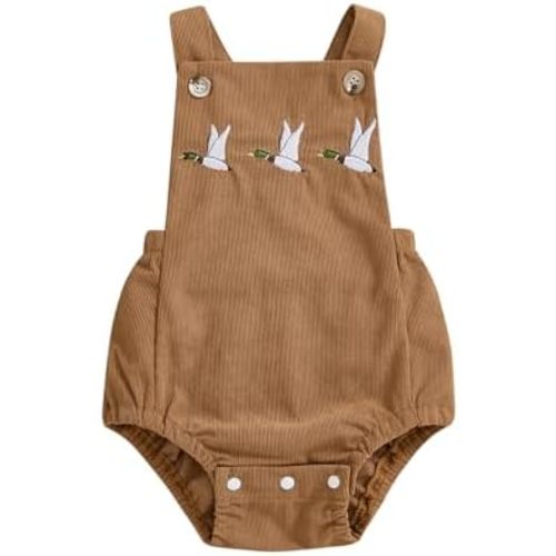 Infant Baby Boy Girl Mallard Duck Corduroy Overalls Romper Embroidery Duck Sleeveless Bodysuit Hunting Baby Clothes