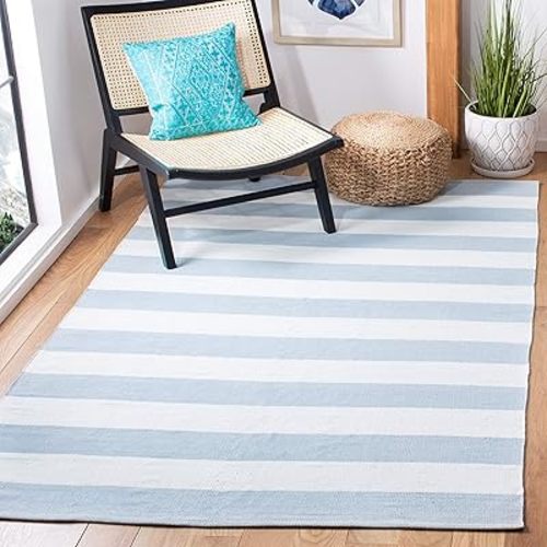 SAFAVIEH Montauk Collection Area Rug - 5' x 8', Sky Blue & Ivory, Handmade Flat Weave Boho Farmhouse Stripe Cotton, Ideal for High Traffic Areas in Living Room, Bedroom (MTK712K)