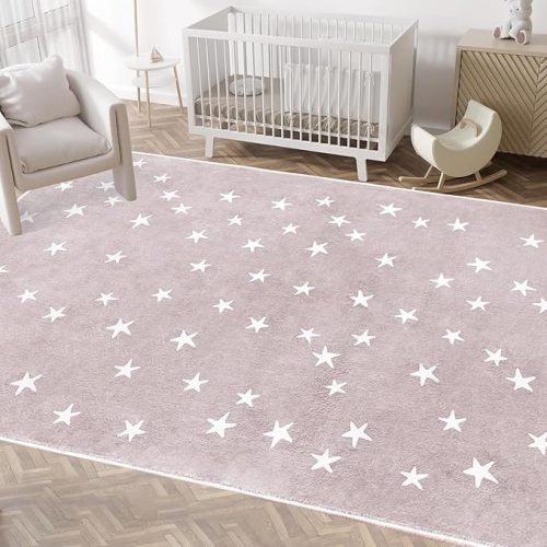 Poowe Soft Kids Area Rug, Large Washable Space Mat, Non-Slip Cute Stars Baby Crawling Floor Mat for Living Room Playroom Classroom Bathroom (5 x 7ft,Pink)