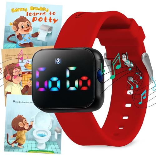 Potty Training Watch for Kids V4 – A Water Resistant Toilet Reminder Device for Boys & Girls to Train Your Toddler with Fun/Musical & Vibration Interval Reminder with Potty Training eBook (Crimson)