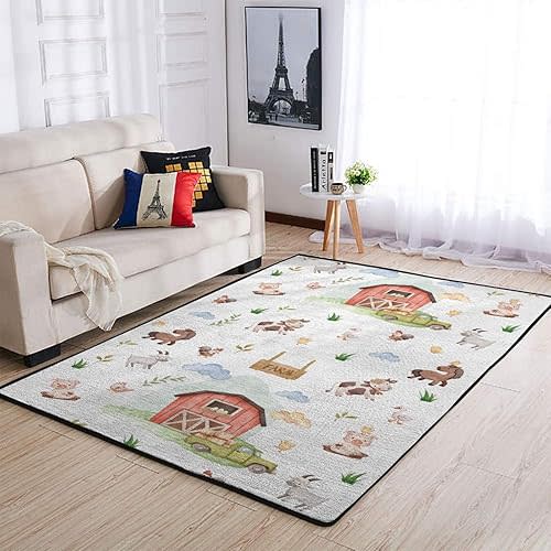 Watercolor Farm Area Rugs Baby Toddler Nursery Bedroom Decor Throw Carpets Farm Animals Pig Goat Horse Cow Chick Rooster Duck Leaves Barn Truck Floor Mats for Kitchen Living Room Bathroom 48x72inch