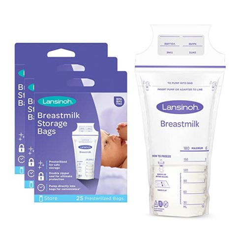 Lansinoh Breastmilk Storage Bags, 75 Count, 3 Packs of 25 Milk Bags, 6 Ounce, Easy to Use Milk Storage Bags for Breastfeeding, Presterilized, Hygienically Doubled-Sealed for Refrigeration and Freezing - 75.0