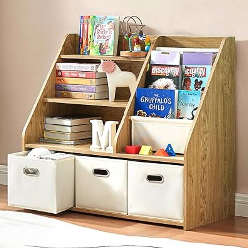 EFURDEN Kids Bookshelf, Kids Toy Storage Organizer with Storage Bins, Wooden Bookshelf and Book Display Shelf for Bedroom, Playroom, Nursery, Classroom, Teak Color