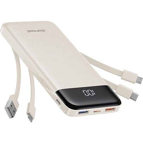 charmast Portable Charger with Built in Cables, Power Bank with Cords Wires, Slim 10000mAh Travel Battery Pack 6 Outputs 3 Inputs 3A Fast Charging for Samsung Google Pixel LG Moto iPhone iPad