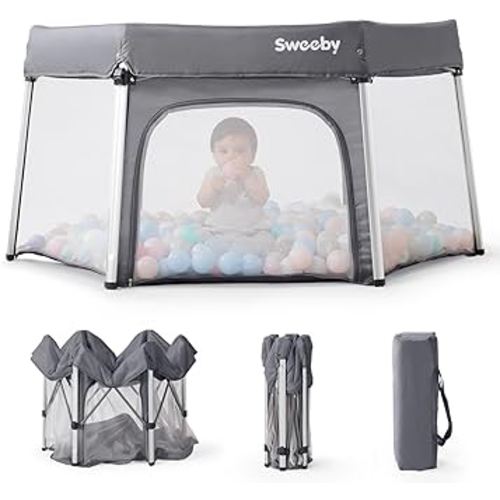 Sweeby Baby Playpen, 57" Portable Play Yard for Baby, Foldable Baby Playpen for Babies and Toddlers with Gate, Outdoor & Indoor Pop Up Play Pens with Mat and Carry Bag (Drak Grey)