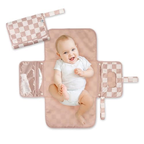 Tiny Twinkle Portable Diaper Changing Pad – Foldable, Waterproof & Compact Travel Changing Mat with Storage | Smart Wipes Pocket for On-The-Go Parents(Beige Checkers)