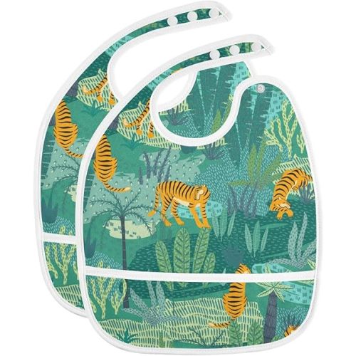 MCHIVER Tigers Jungle Tropical Baby Bibs for Boys Girls Toddlers Waterproof Feeding Bib Apron with Food Cather Adjustable Cotton Food Eating Bib 2 Pack