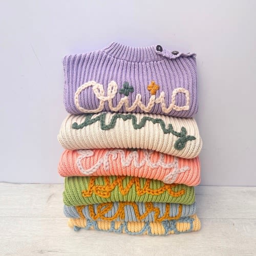 Hand Knit Baby Sweater, Cotton Embroidered Custom Baby Sweater With Name & Gift For Kids