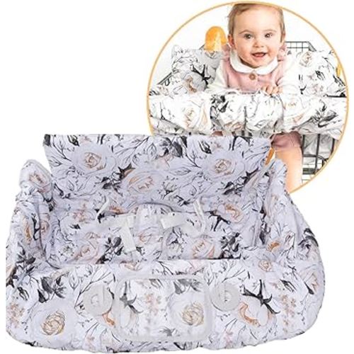 Binxy Baby 2-in-1 Cushy High Chair Cover and Shopping Cart Cover for Baby, Comfortable Cover for Grocery Cart, Universal Fit Cart Cover for Babies, Includes Storage Pouch - Coming Up Roses