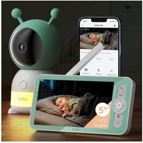 BOIFUN 2K 5" Video Baby Monitor WiFi, 360 View Baby Camera with Night Light, Via Smartphone App and Screen Control, AI Motion & Sound Detection, Auto Tracking, Two-Way Talk,3000mAh Battery
