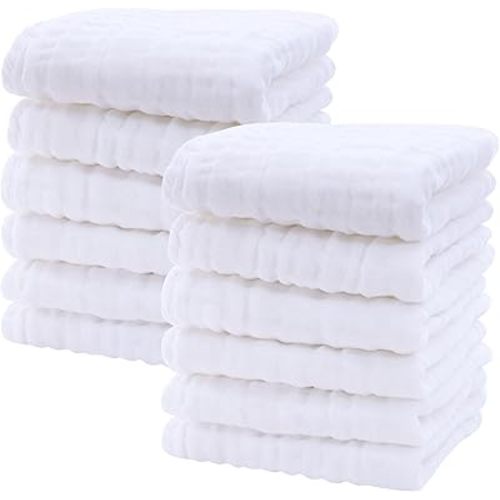 SWEET DOLPHIN 12 Pack Baby Muslin Washcloths - Soft Face Cloths for Newborn, Absorbent Bath Wash Cloths, Wipes, Burp Rag - Toddlers Essentials Stuff, Baby Registry as Shower -10"x10", White