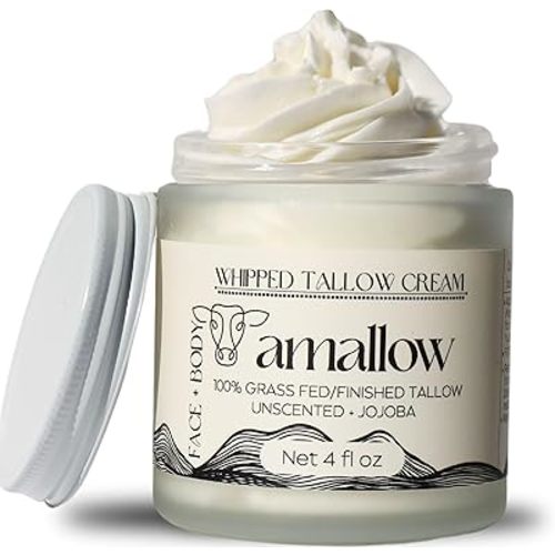 100% Grass Fed Beef Tallow for Skin Care - Face + Body - Whipped Moisturizer for Sensitive Skin - Natural Lotion, 4 FL. oz. (Unscented + Jojoba Oil)