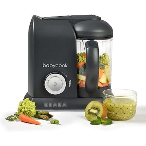 BEABA Babycook Solo 4 in 1 Baby Food Maker, Puree Steamer and Blender for Purees, Grinder with Auto Steam Cooking, Lrg Capacity 4.5 Cups 27 Servings in 20 Mins, Charcoal