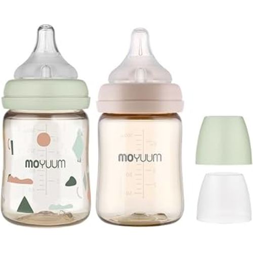 Anti-Colic All in One Baby Bottle Double Set for 0-6M PPSU Breastfeeding, Wide-Neck Non-Tip Stable Base, Easy to Clean Natural 170ml, 6oz, Stage 1 (Slow Flow)