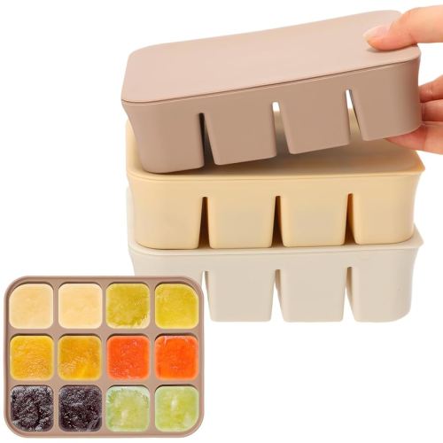 3 Pack Baby Food Freezer Tray with Lids 2.8 oz x 12 Cups Silicone Baby Food Storage Container Ice Cube Freezer Molds for Homemade Vegetable Fruit Purees Snack(12 Cups,White, Yellow, Brown)