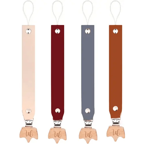 Motheric Baby Naturel Leather Pacifier Strap Clip for Boys and Girls - Teething Ring and Teether Toy Holder - Paci Leash for Girl and boy - Binky Clips - Grey, Brown, Beige, Red Paciclip 4 Pack