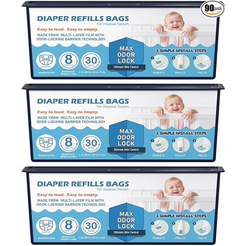 Diaper Pail Refills Bags with 30 Bags Compatible with Genie Easy Roll Signature Diaper Pails, Lasts Up to 8 Months, 7-Layer Odor-Barrier Technology, 3-Pack (90 Bags)