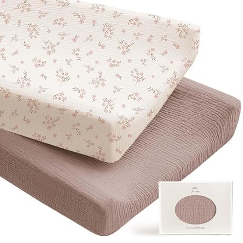 Konssy 2 Pack Muslin Changing Pad Covers for Boys, Ultra Soft & Breathable Cotton Baby Diaper Changing Table Covers, Neutral Nursery Diaper Changing Pad Sheets (Soft Blooms,Taupe)