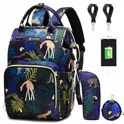 QWREOIA Diaper Bag Backpack, Animal Print Travel Nappy Bag with USB Charging Port Stroller Straps and Insulated Pocket For Women/Mum (Animal Print Pattern)