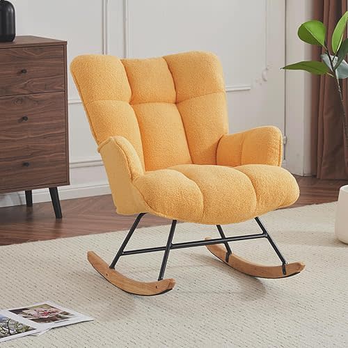 Rocking Chair Nursery Teddy, Upholstered Baby Fluffy Glider Rocker for Adults Small Spaces Indoor, Comfy Sherpa Compact Nursing Chairs for Living Room, Classroom, Bedroom, Yellow