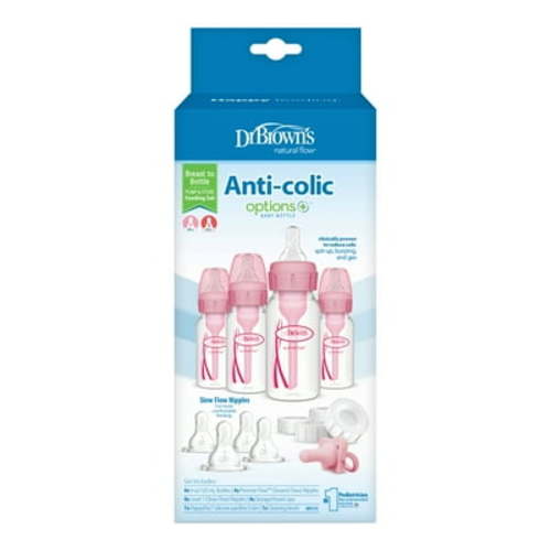 Dr. Brown's Natural Flow Anti-Colic Options+ Narrow Breast to Bottle Feeding Set, Pink, 4oz, 4 Pack