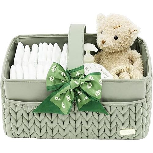 Luxurious Baby Diaper Caddy, Nursery Storage Basket for Newborn Essentials, Travel Baby Basket for Diapers Baby Wipes, Organizer Tote Bag Storage Bin, Baby Shower Gifts(Sage Green)