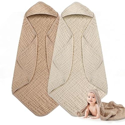 Hooded Baby Towels, 2 Pack Large Size Baby Bath Towel, Upgrade High Density 100% Muslin Cotton Baby Towels, Ultra Soft, Highly Absorbent, for Infants, Toddlers, Essential for Newborn Care, 32” x 32”