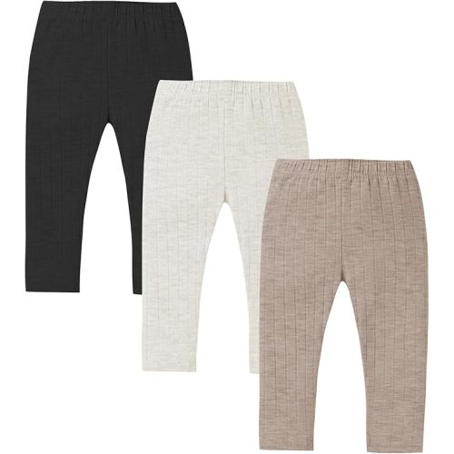 3 Pack Baby Girl Pants Soft Ribbed Leggings 0-3M (Black/Beige/Khaki)