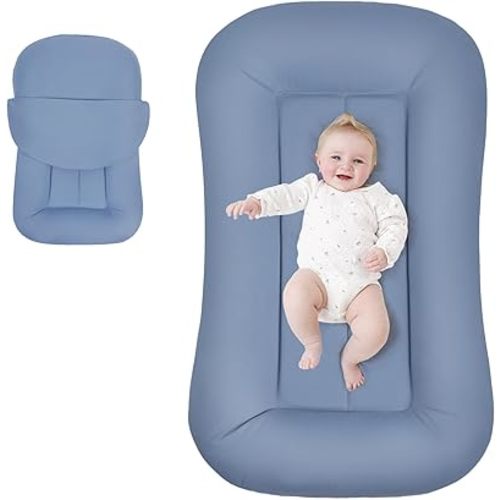 Baby Lounger for Newborn, Portable Tummy Time Mat for Home and Travel, 0-24 Months, Soft Cotton Cover, Blue