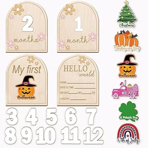 Baby monthly milestone, wooden monthly milestone marker discs for baby, Newborn Photography Props for baby announcement, baby announcement sign for hospital, Hello World Newborn Sign for Photo Prop