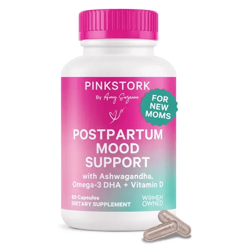 Pink Stork Postpartum Mood Support - Postnatal Hormone Balance for Women - Breastfeeding Friendly - Stress & Cognitive Support, New Mom Essentials - Ashwagandha, Chamomile, & Vitamin D, 60 Capsules