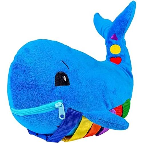 Buckle Toys - Blu Whale - Develop Motor Skills and Problem Solving - Counting and Color Recognition - Easy Travel Toy - Learning Material - Pre K Activity Stuffed Animal