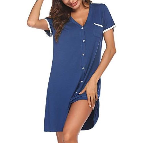 Ekouaer Nightgowns for Women Button Down Pajamas Tops Short Sleeve Sleepwear V-Neck Sleepwear S-3XL