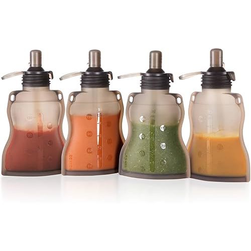 haakaa Reusable Baby Food Pouches Refillable Baby Squeeze Silicone Yummy Pouch, Soft Reusable Squeeze Storage Food Pouch for Kids Toddler,Home Made Food Puree,Smoothie Pouch Bag, 4oz, 4 Pack,6m+