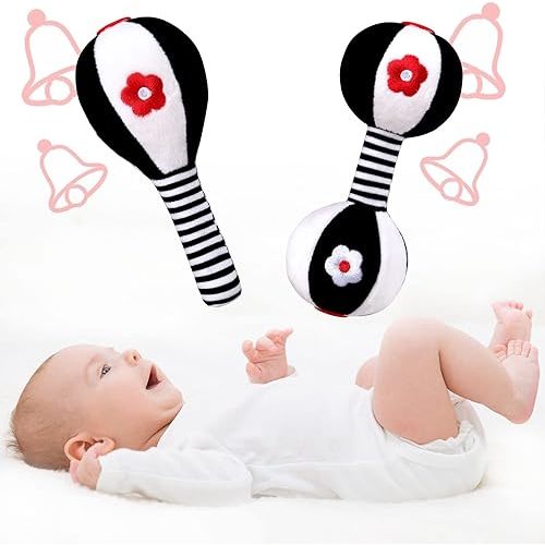 XIXILAND Baby Rattles 0-6 Months Newborn Toys Infant Toys 0-6 Months Rattles for Babies 0-6 Months Baby Toys 0-6 Months, Black and White High Contrast Baby Toys Dumbbell Toy for 0 3 6 9 12 Months