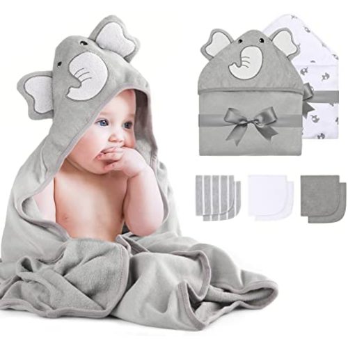 Momcozy Baby Hooded Towel, 8-Piece Baby Bath Towel for Boys or Girls, Baby Towel and Washcloth Set with Cute Design, Baby Shower Towel Gift for Newborns, Infants and Toddlers (Grey)