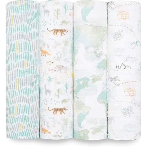 aden + anais Essentials Muslin Swaddle Blankets, Newborn Receiving Blanket for Swaddling, 100% Cotton Baby Swaddle Wrap, 4 Pack, Voyager