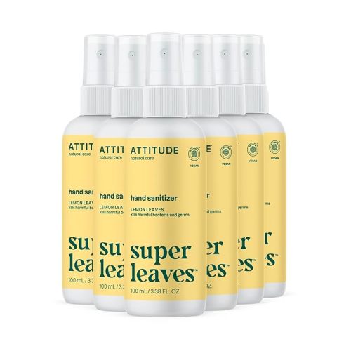 ATTITUDE Hand Sanitizer Spray for Adults and Kids, EWG Verified, Kills Bacteria and Germs, Vegan, Lemon Leaves, 3.38 Fl Oz (Spray Bottle) (Pack of 6)
