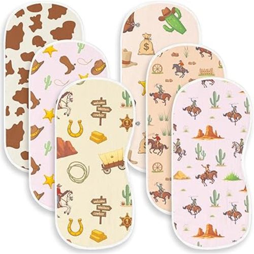 6 Pack Western Burp Cloths Baby Boys Girls with Cowboy Pattern, Large Cotton Wild West Burp Rags for Newborns Gifts Nursery Decor Extra Soft and Absorbent 9.8X19.6inches