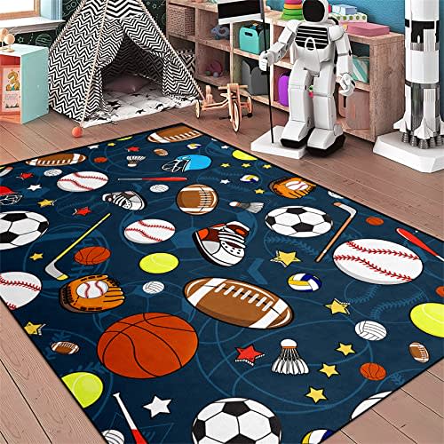 kodhyvj Navy Blue Sport Rugs Boys Rugs for Bedroom Kids Rug Balls with Soccer Ball, Basketball, Football, Tennis Ball Playroom Rug, 2'5"x4'