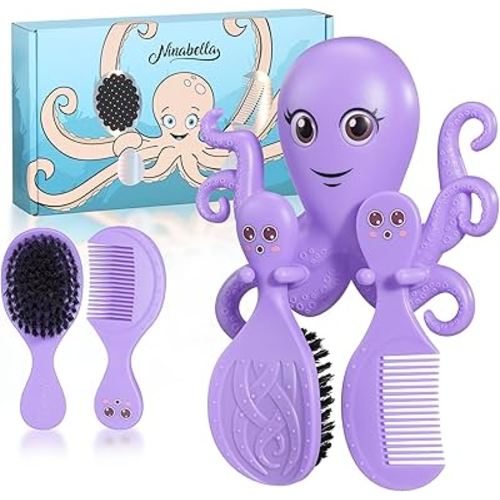Ninabella Octo Baby Hair Brush with Comb for Newborn - Cradle Cap - No Drill Wall Holder Set - Soft Fine Black Bristles - From Birth to 18 Months - Light Lavender