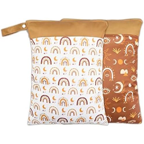 2 Pack Wet Dry Bags for Baby Cloth Diapers&Breast Pump Parts, Waterproof Reusable Wet Bag with Two Zippered Pockets & Handle, Beach Pool Gym Bag Stroller Yoga Toiletries Daycare Organizer for Swimsuit Wet Clothes, 11.8 inch x 15.7inch